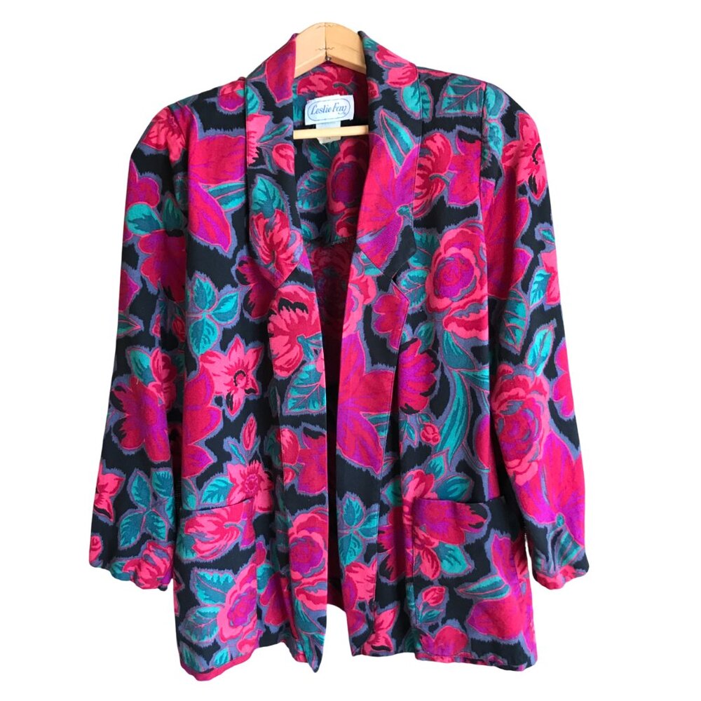 Leslie Fay Floral Blazer, Vintage Jacket w/Union Label, Red Purple Green Size 14